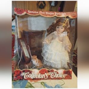 Collectors Choice Genuine Fine Bisque Porcelain Doll with Pearls and Cat - NIB